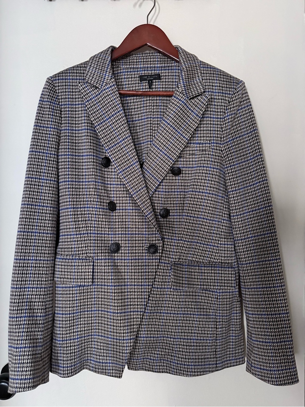 Classic Rag & Bone Double-Breasted Houndstooth Blazer - Blue & Gray